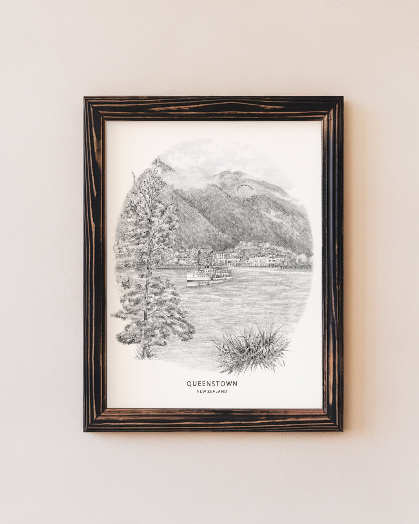 Art print of drawing from Queenstown in New Zealand.