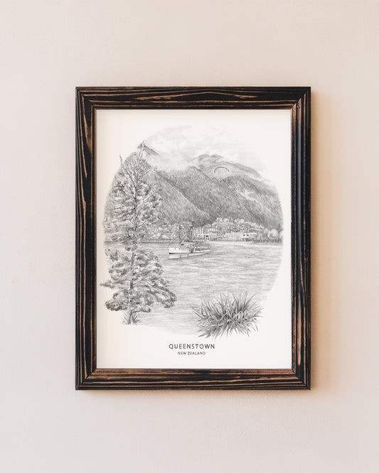 Art print of drawing from Queenstown in New Zealand. 